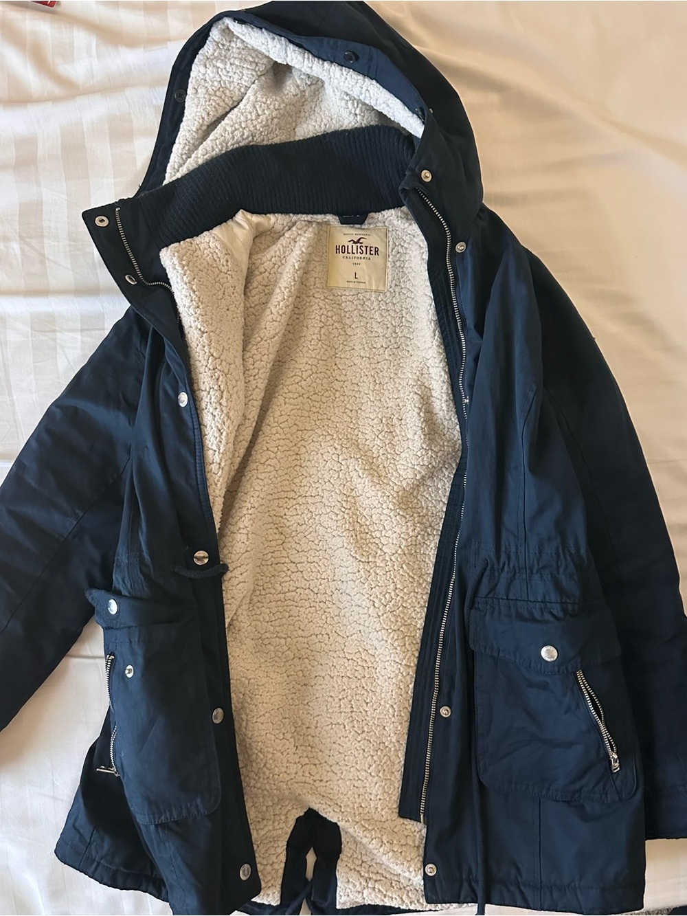 Hollister Navy Hooded Sherpa Jacket with Cream Lining